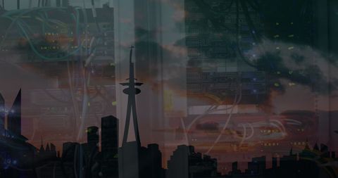 Abstract Cityscape with Digital Interface and Telecommunications Theme