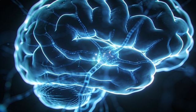 Glowing 3D Human Brain Highlighting Neuron, Synapse, Luminescent Neural Network Connections