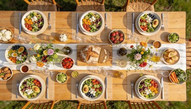 Sunlit garden table serving colorful summer salads with crusty bread and fresh produce