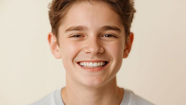 Smiling adolescent male closeup headshot on neutral beige background