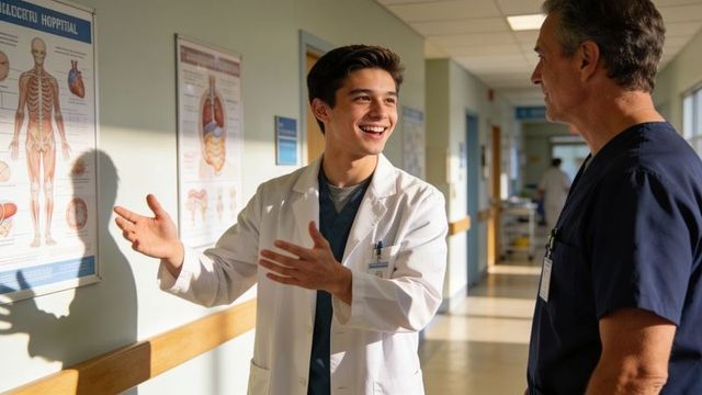 Young doctor gesturing while consulting senior clinician in bright hospital corridor