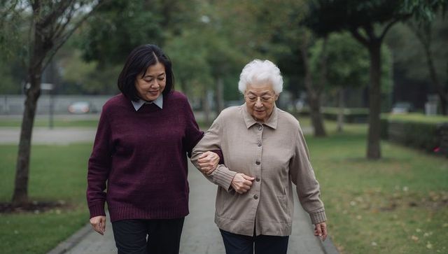 Caregiver supporting senior woman walking arm-in-arm along tree-lined city park pathway