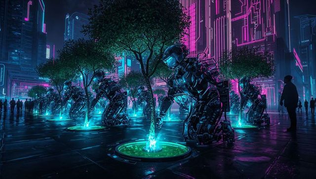 Robotic caretaker nurtures neon saplings in futuristic cityscape