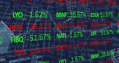 Digital financial terminal with stock tickers and graphs in motion