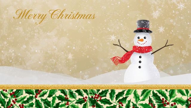 Cheerful Snowman Wearing Top Hat and Red Scarf on Gold Snowfall Background with Holly Border