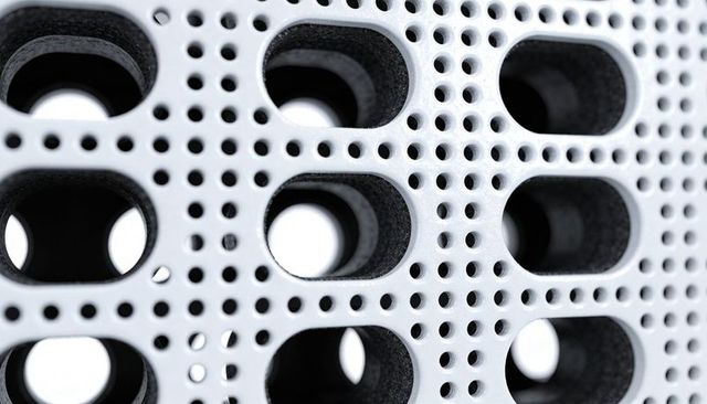 Macro white perforated metal panel displaying round vents and repeating circular texture
