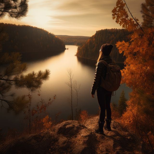 Woman standing on elevated ledge looking over scenic autumn landscape with lake at sunrise. Ideal for travel blogs, adventure tourism promotions, outdoor lifestyle websites, and nature-inspired social media content.