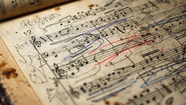 Vintage handwritten musical manuscript with pencil notes, blue and red markings on vellum