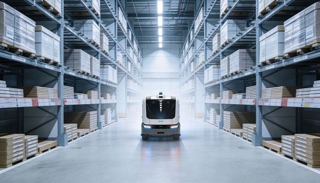 Autonomous mobile robot navigating warehouse aisle between pallet racks
