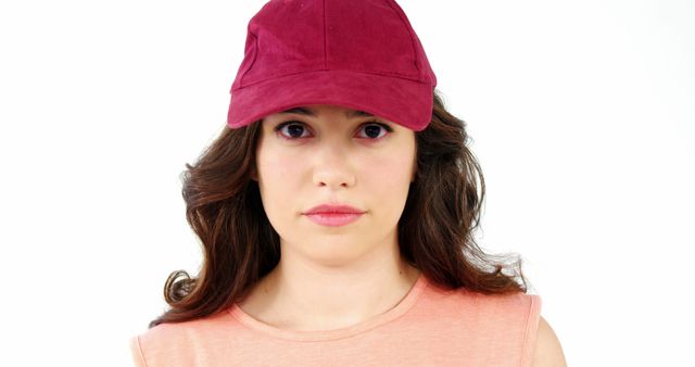 Young woman with wavy hair wearing casual peach-colored tank top and red cap, looking confidently at camera with pink eyeshadow. Ideal for fashion campaigns, advertisements, or beauty tutorials focusing on makeup or accessories. Can be used for social media posts, websites, or promotional materials emphasizing casual, everyday style.