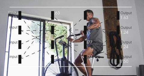 Pedaling man on air bike during indoor cardio training with neural network overlay and gym ropes
