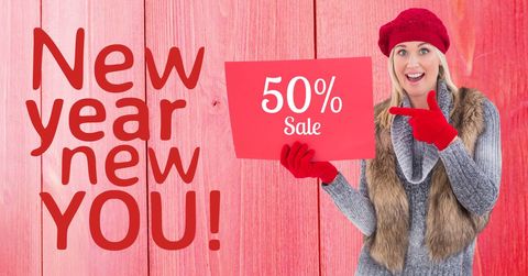 exciting new year sale with cheerful woman holding sign - Download Free Stock Templates Pikwizard.com