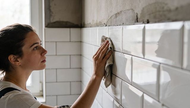 Woman cleaning grout on glossy subway tiles during bathroom renovation, close-up