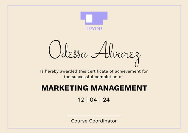 Ideal for recognizing completion of courses or training in marketing management. Used by businesses, educational institutions, and training programs to formally celebrate learners' achievements and motivate others in the professional sphere.