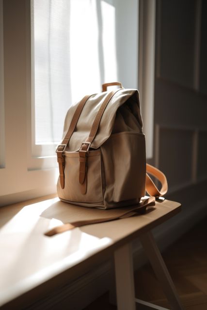 Close up of beige school bag on table, created using generative ai technology. School, education and learning concept digitally generated image.