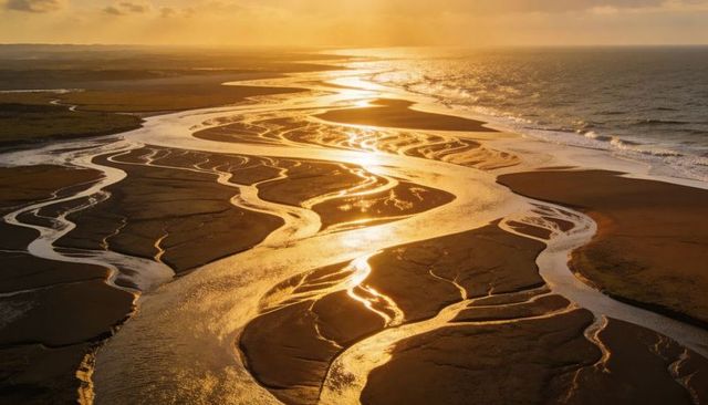 Golden braided estuary at sunset reflecting meandering tidal channels and coastal marsh