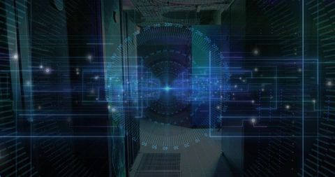 Holographic HUD projecting over data center with circular gauge and neon blue circuitry