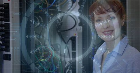 Woman managing cybersecurity in modern data center server room