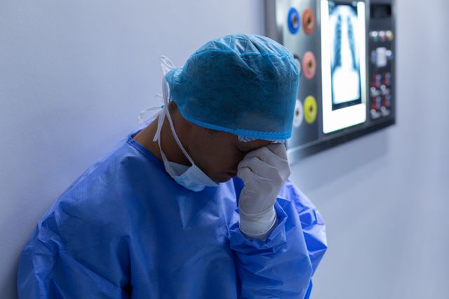 Tensed male surgeon with hand over face sitting in operation theater at hospital