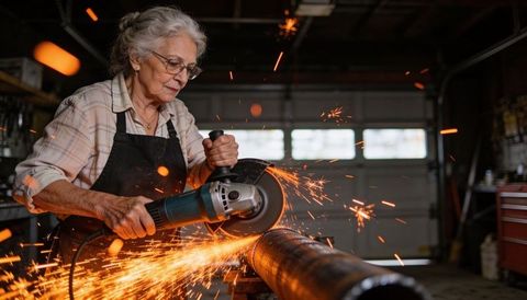 Senior woman grinding metal pipe with angle grinder, sparks flying in garage workshop