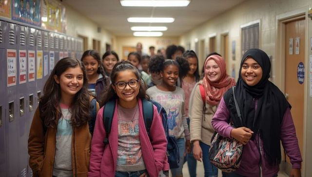 Diverse Group of Middle School Students Walking in Corridor