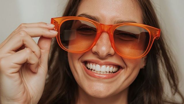 Smiling young woman wearing oversized translucent orange sunglasses, closeup portrait