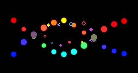 Glowing neon geometric band forming symmetrical circle of colorful shapes