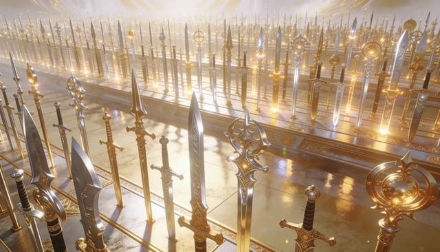 Ornate golden and steel swords gleaming in ceremonial hall reflecting on polished floor