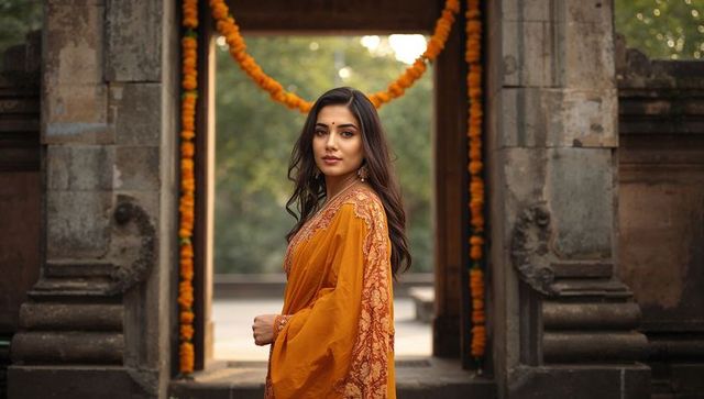 Elegant woman in orange saree at temple doorway with marigold garland