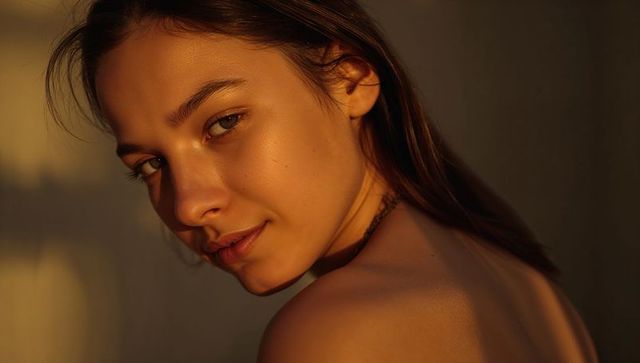 Turning bare-shouldered woman facing camera in golden-hour light with window shadow