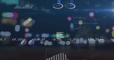 Financial Analytics Overlaid on Blurred Cityscape at Night