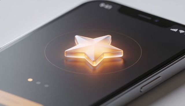 Glowing 3d star reward floating on smartphone screen for app ui and rating minimal digital badge