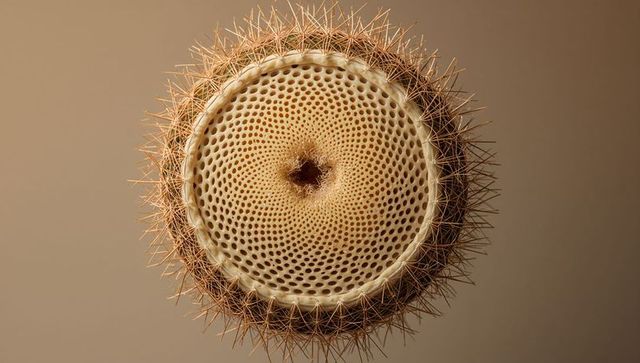 Macro dried seed pod showing honeycomb perforations and spiny halo on beige background