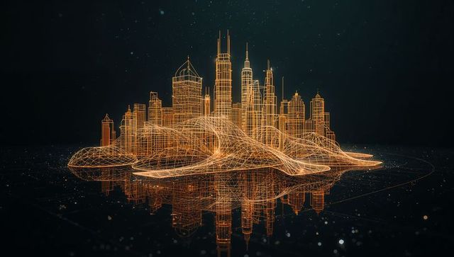Glowing Amber Wireframe Skyline Floating Over Reflective Grid Visualizing Futuristic City