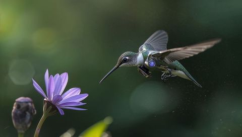 Iridescent hummingbird hovering over purple waterlily, macro closeup wildlife composition