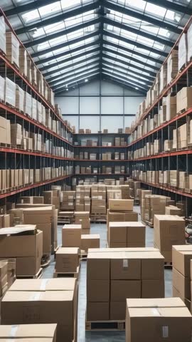 Gliding Vertical Warehouse Aisle Footage Showing Cardboard Boxes on Racks with Pallet Jack