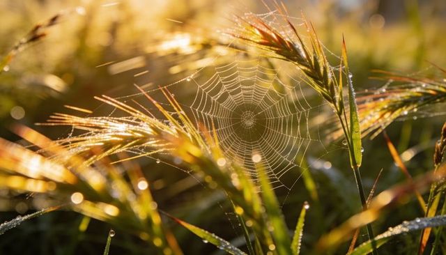Backlit dew-covered orb spider web spinning spiral among golden grass seed heads