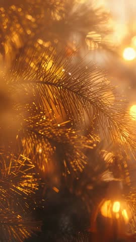 Opening pine branch revealing glittering ornament and warm string lights vertical holiday video