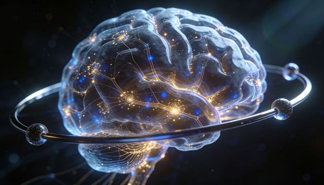 Holographic human brain with glowing neural networks orbiting metal ring
