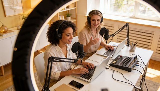 Two Female Cohosts Recording Podcast in Bright Home Studio with Microphones, Laptops