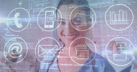 Smiling Businesswoman with Holographic Technology Icons