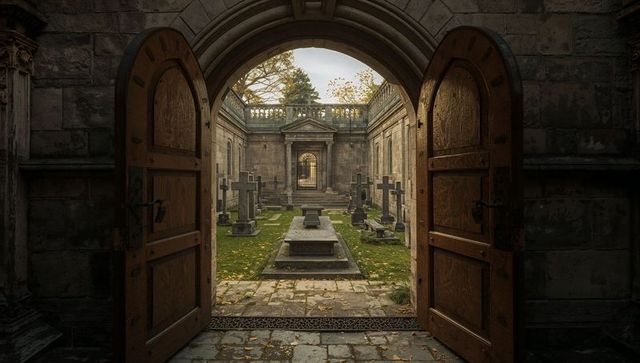 Arched oak doors opening to historic mausoleum courtyard with sarcophagus and autumn leaves