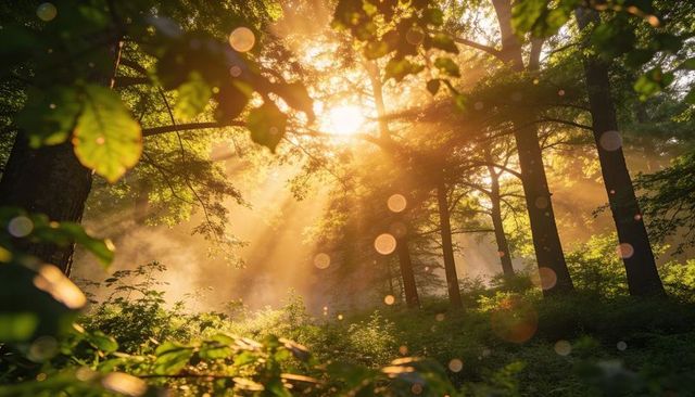 Golden Sunbeams Streaming Through Misty Forest Canopy at Dawn with Fern-Lit Undergrowth