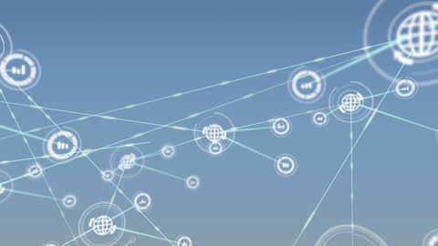 Digital Network Illustration of Interconnected Icons on Blue Background