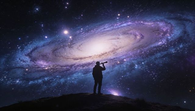 Silhouette stargazer scanning spiral galaxy with telescope on hilltop nightscape