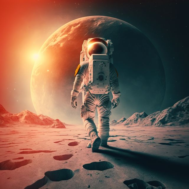 Astronaut exploring moon with mountains and sun, created using generative ai technology. Space, planets and astronaut concept, digitally generated image.