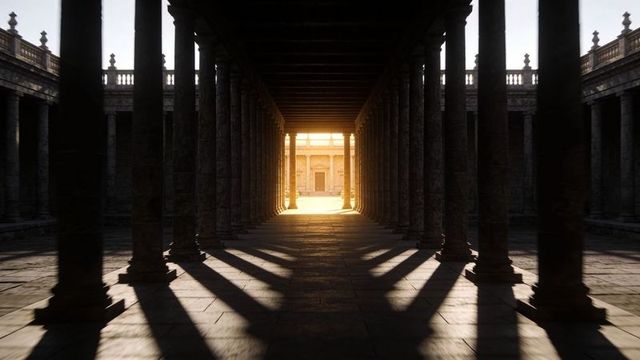 Sunlit colonnade leading toward courtyard at golden hour with dramatic pillar shadows