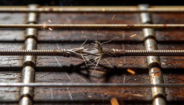 Fraying steel wound guitar string sparking on worn wooden fretboard macro close-up