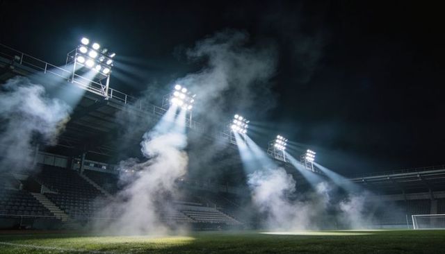 Floodlit Football Stadium at Night Illuminating Smoke Columns Over Pitch and Goal