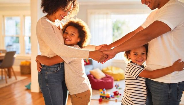 Sunlit african american family hugging in cozy living room sharing warmth and joy